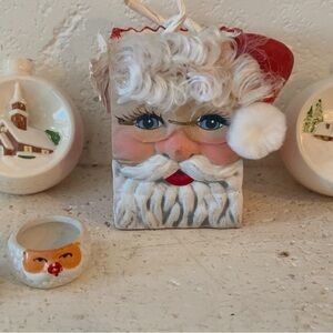 Vintage Christmas Lot Santa Face, Holiday Ornaments, & Tealight Candle Santa